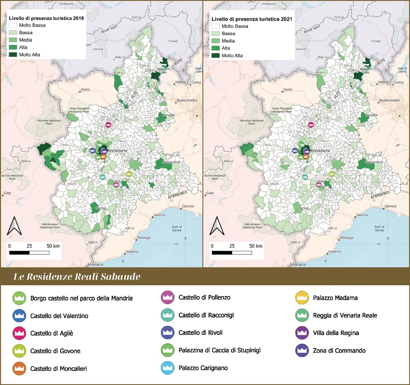 Mappe affiancate delle presenze turistiche nei comuni piemontesi nel 2019 e nel 2021, con localizzazione delle Residenze