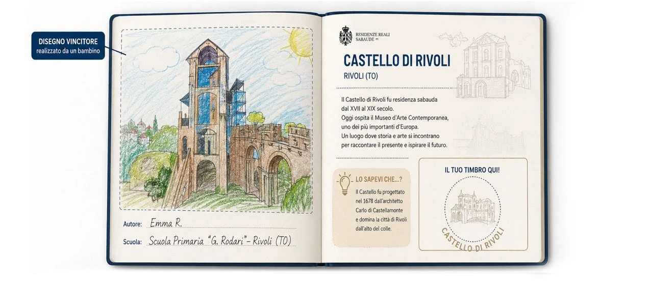 Ipotesi illustrata delle pagine dedicate al Castello di Rivoli, con disegno, racconto e spazio per il timbro