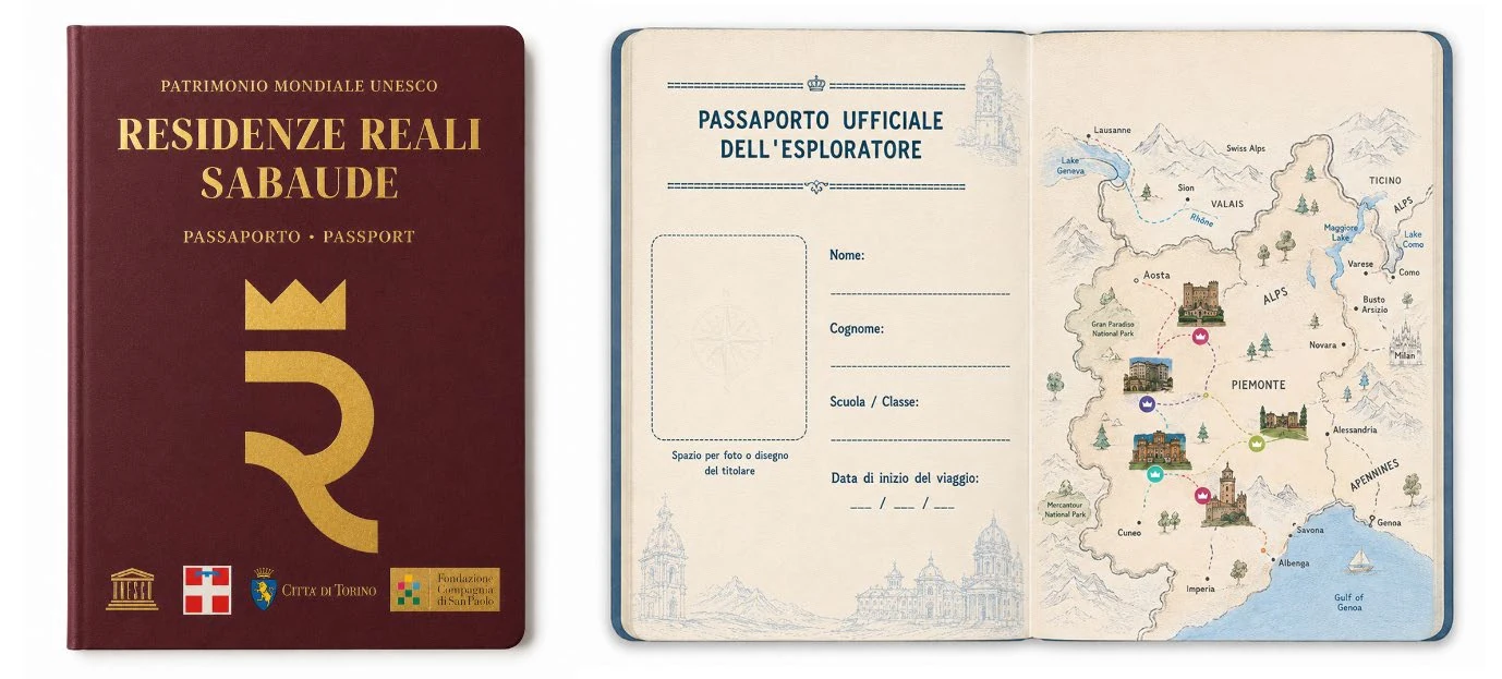 Mock-up del Passaporto: copertina bordeaux e pagine interne con mappa illustrata delle Residenze