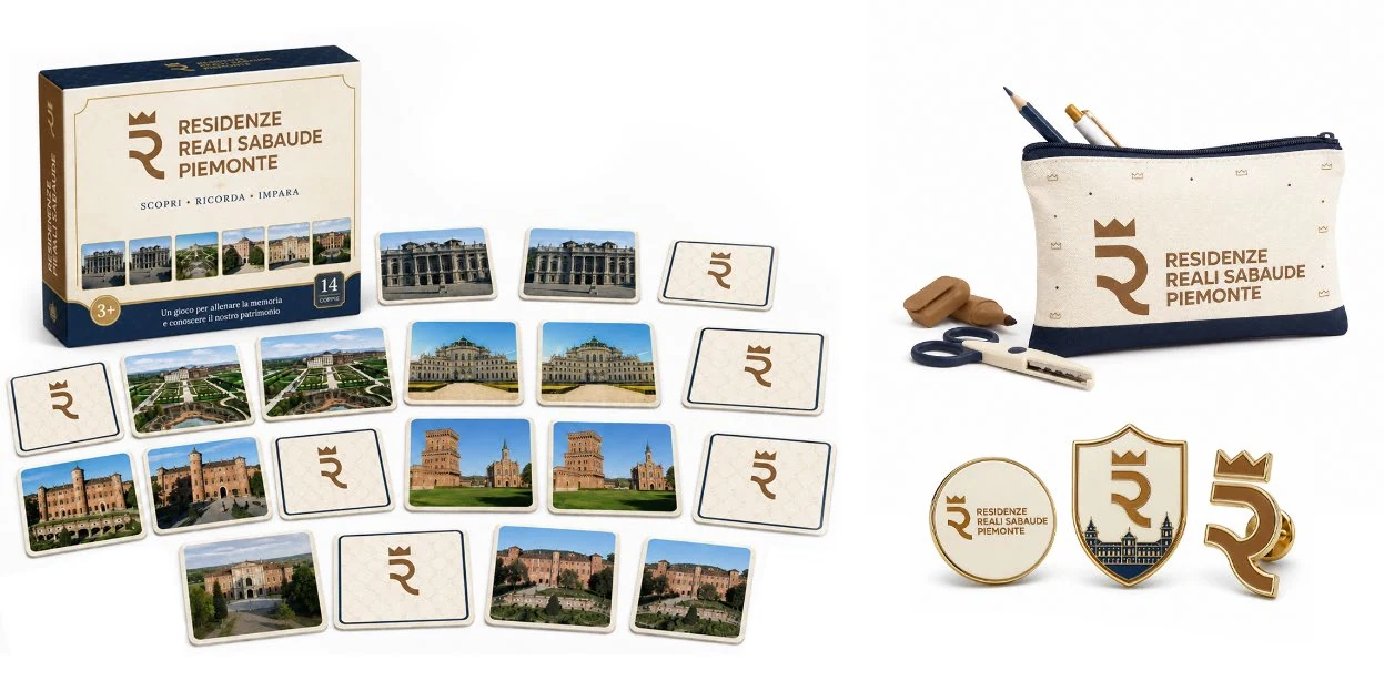Mock-up dei premi: Memory illustrato delle Residenze, astuccio, matite e distintivi